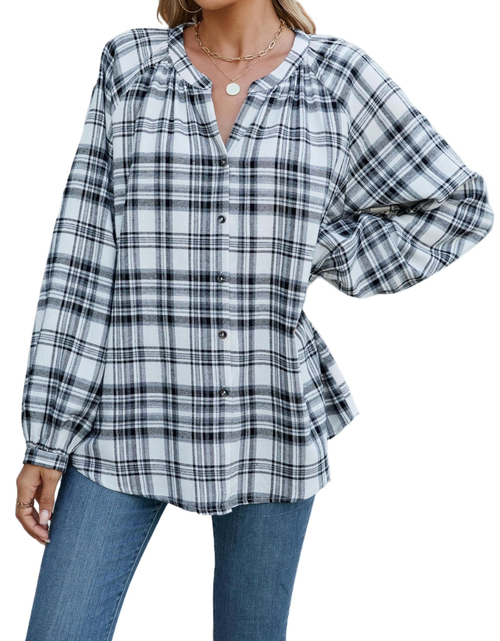 INFITTY Women's Long Sleeve Plaid Flannel Shirt Jacket White Size S