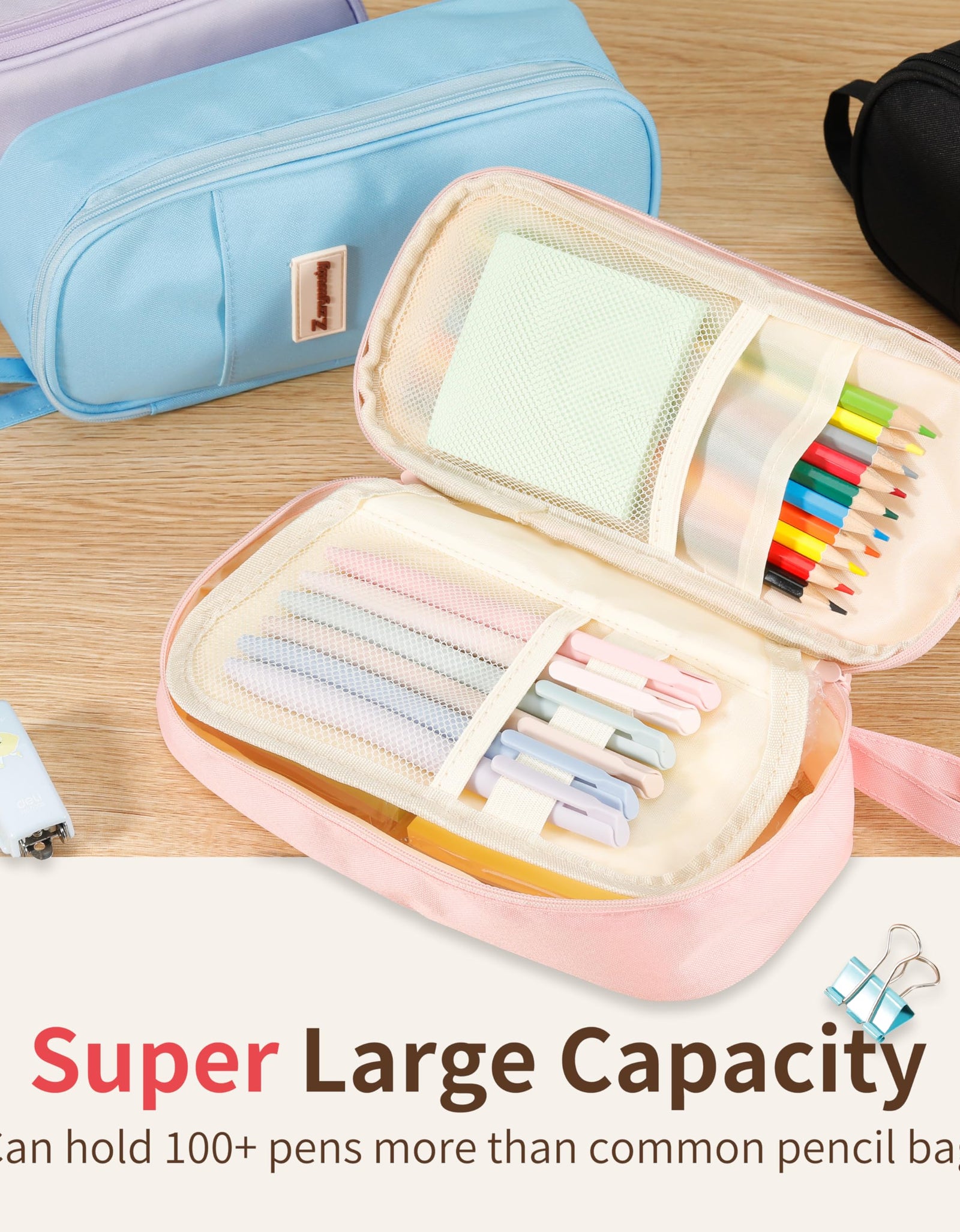 Zzrywuty Large Zipper Pen Case Pencil Pouch for Office Travel Black