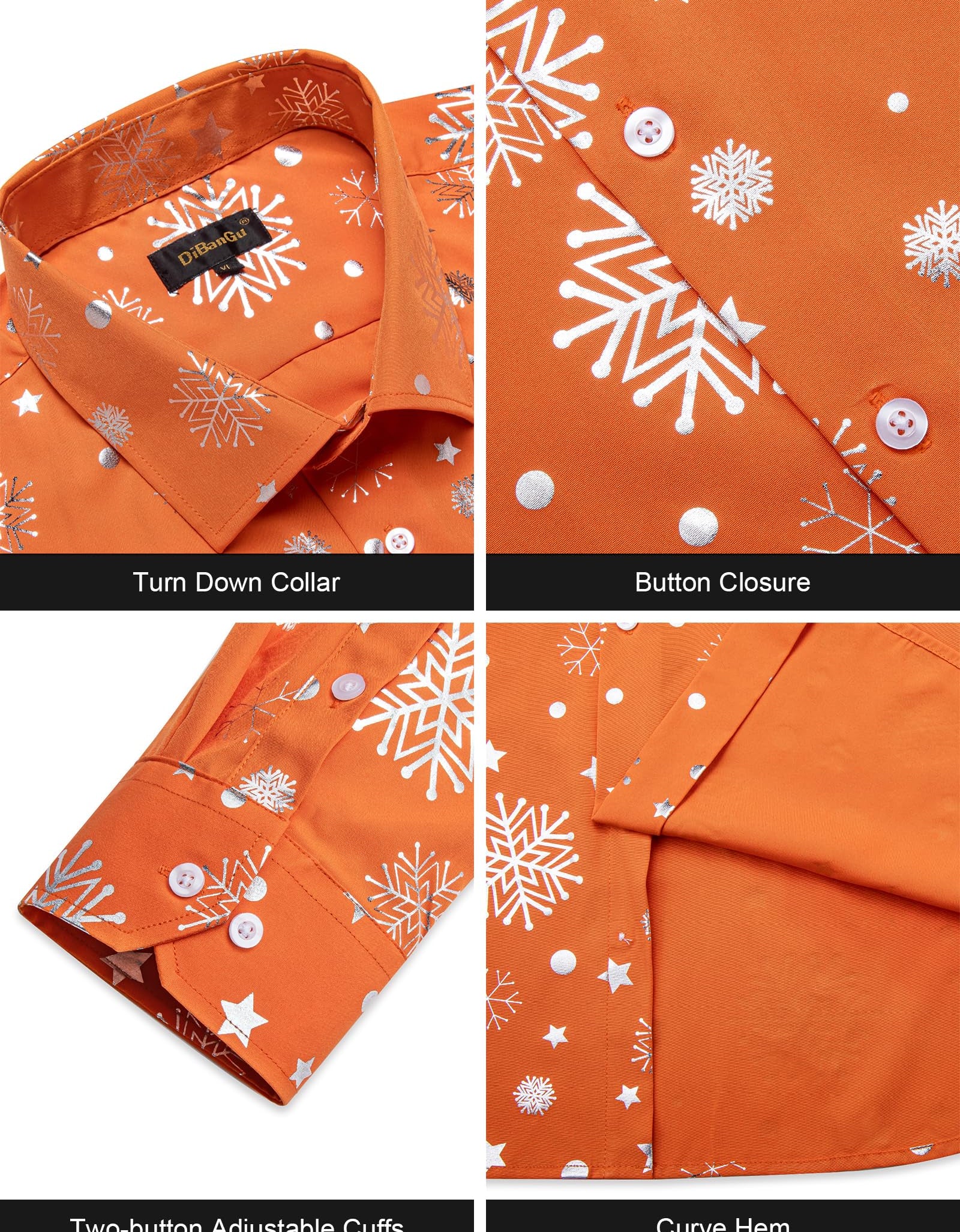DiBanGu Mens Christmas Long Sleeve Button Down Shirt Orange Silver Size XX-Large