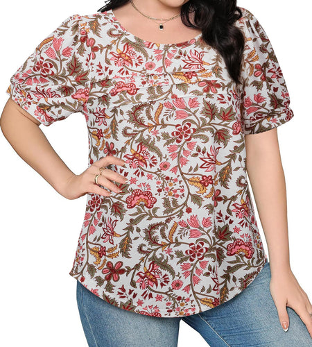 Uhiger Womens Summer Pleated Puff Sleeve Top Crewneck White Orange Flower Size S