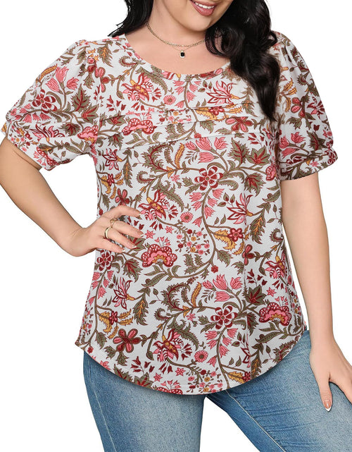 Load image into Gallery viewer, Uhiger Womens Summer Pleated Puff Sleeve Top Crewneck White Orange Flower Size S
