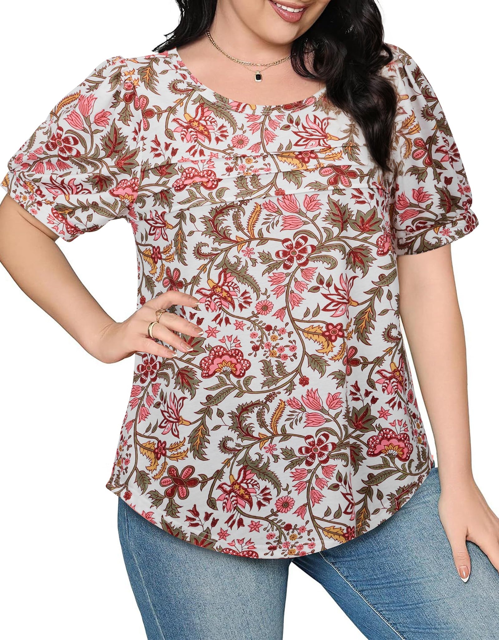 Uhiger Womens Summer Pleated Puff Sleeve Top Crewneck White Orange Flower Size S