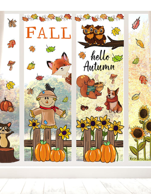 Load image into Gallery viewer, OWUH Fall Window Clings 6 Sheets Pumpkin Maple Leaves Scarecrow Brown

