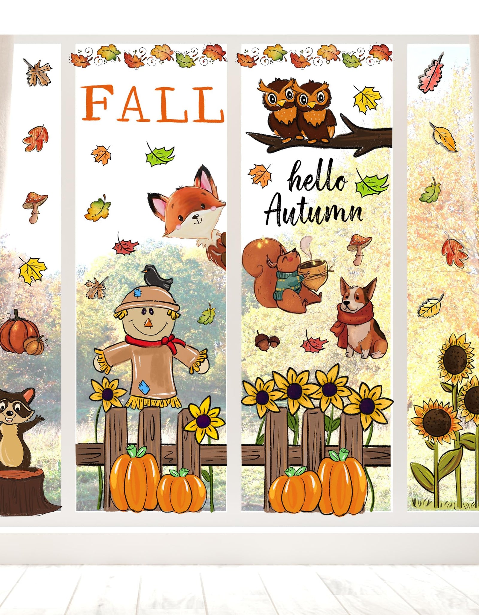 OWUH Fall Window Clings 6 Sheets Pumpkin Maple Leaves Scarecrow Brown
