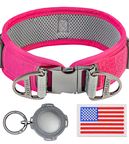 ADITYNA Durable 2-inch AirTag Dog Collar Reflective Metal Buckle Pink Size M