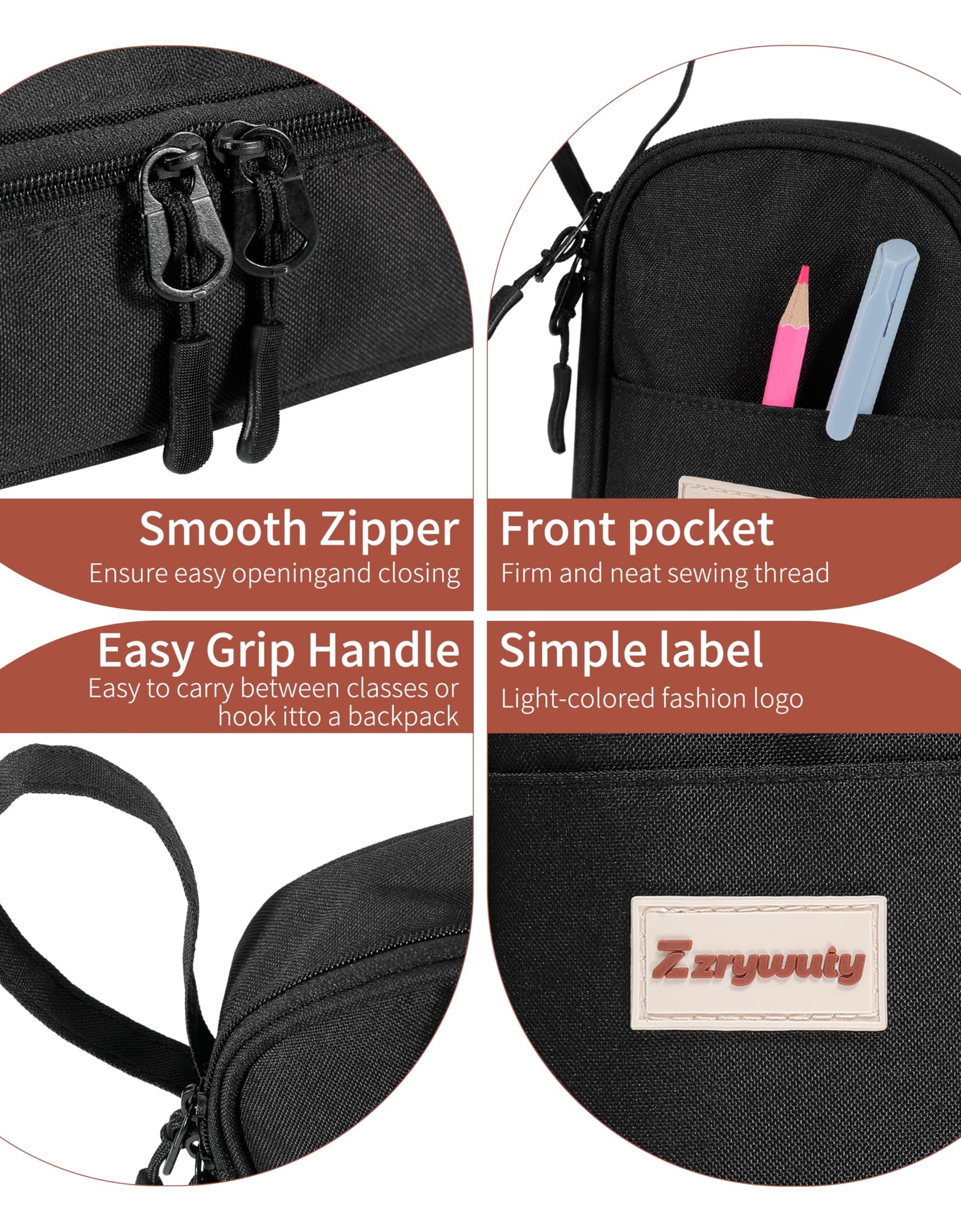 Zzrywuty Large Zipper Pen Case Pencil Pouch for Office Travel Black