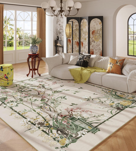 Vowkten 5x7 Chinoiserie Floral Vintage Washable Rug Non Slip Beige