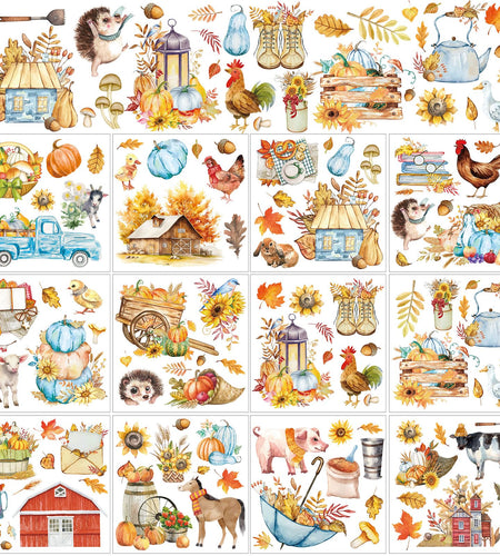 Whaline Fall Rub on Transfers 12 Sheets Autumn Pumpkin Farm Animal 5.9x5.9 Inch
