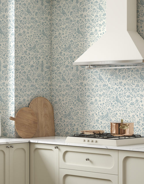 Load image into Gallery viewer, HELLKIT Peel Stick Wallpaper Blue Beige Bird 17.3x78.8in Vinyl Roll
