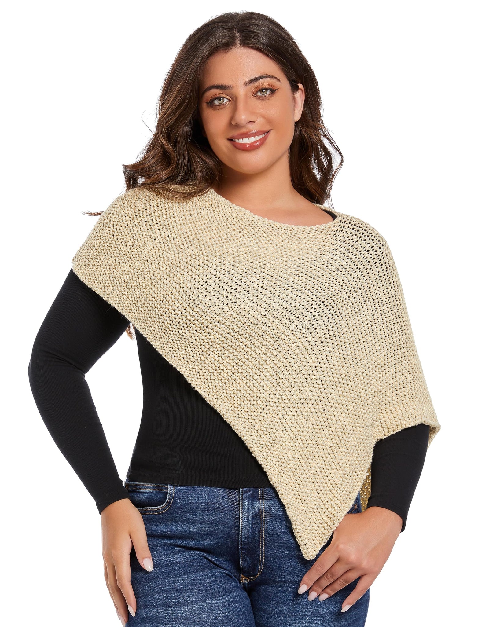 YZYIZHI Women's Asymmetric Knit Sparkly Poncho Shawl Wrap Ivory One Size