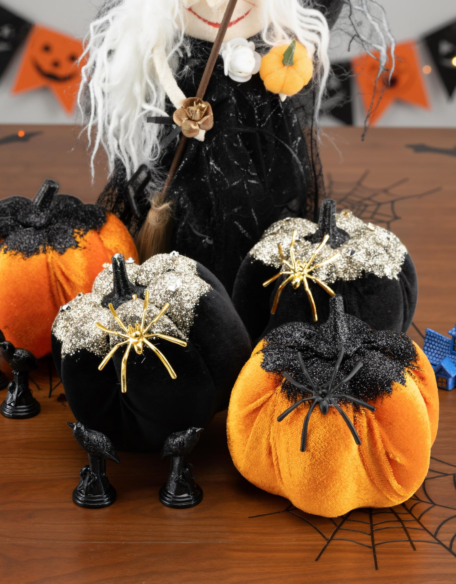 Generic Velvet Halloween Pumpkin Decor 4PCS Black Orange 3.94x3.54in