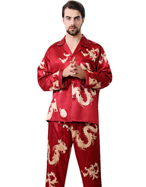 Load image into Gallery viewer, Simulated silk couple sleepwear new long sleeved set men's and women's V-neck silk printed dragon and phoenix home clothes
