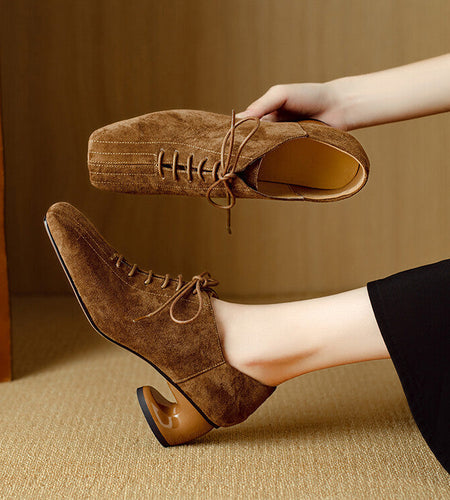 Women's Retro Sheepskin Square Toe Chunky Heel Pumps – Lace-Up Mid Heel