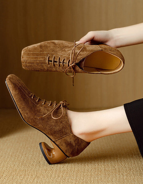 Load image into Gallery viewer, Women's Retro Sheepskin Square Toe Chunky Heel Pumps – Lace-Up Mid Heel
