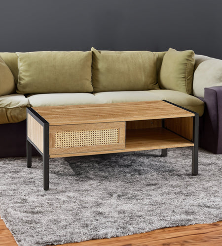 40.16" Rattan Coffee table, sliding door for storage, metal legs, Modern table for living room , natural