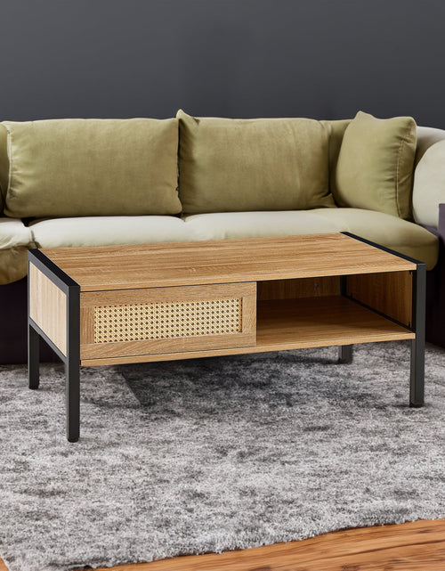 Load image into Gallery viewer, 40.16" Rattan Coffee table, sliding door for storage, metal legs, Modern table for living room , natural

