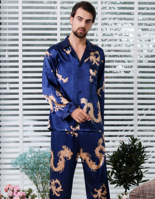 Load image into Gallery viewer, Simulated silk couple sleepwear new long sleeved set men's and women's V-neck silk printed dragon and phoenix home clothes
