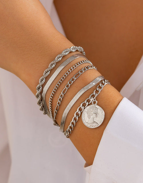Load image into Gallery viewer, Ins round pendant Bracelet set irregular metallic flat snake chain bracelet

