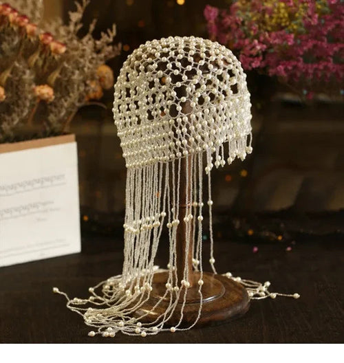 Load image into Gallery viewer, Handmade hollowed out headpiece performance pearl tassel hat
