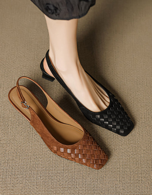 Load image into Gallery viewer, Women's Handmade Suede Woven Slingback Block Heel Sandals, Square-Toe Buckle Dress Shoes
