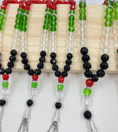 33 prayer beads in Palestinian flag colored crystal glass