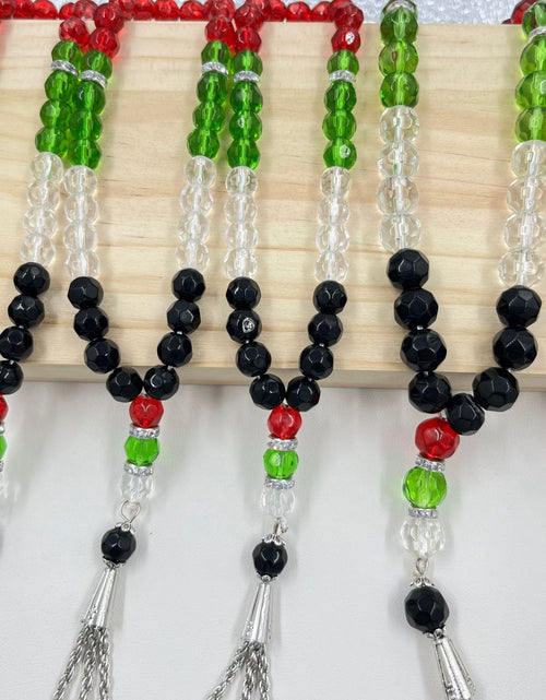 Load image into Gallery viewer, 33 prayer beads in Palestinian flag colored crystal glass
