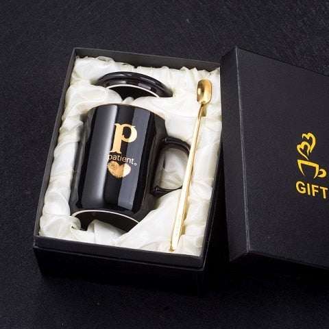 Load image into Gallery viewer, 400ml Creative Gold Finger Printing Black Ceramic Coffee Mug Tea Cup With Gold Handle As Gift With Lid And Spoon
