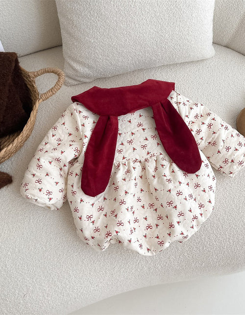 Load image into Gallery viewer, Autumn style baby gown newborn bow and velvet wrapped fart gown hundred day one month one year old baby dress
