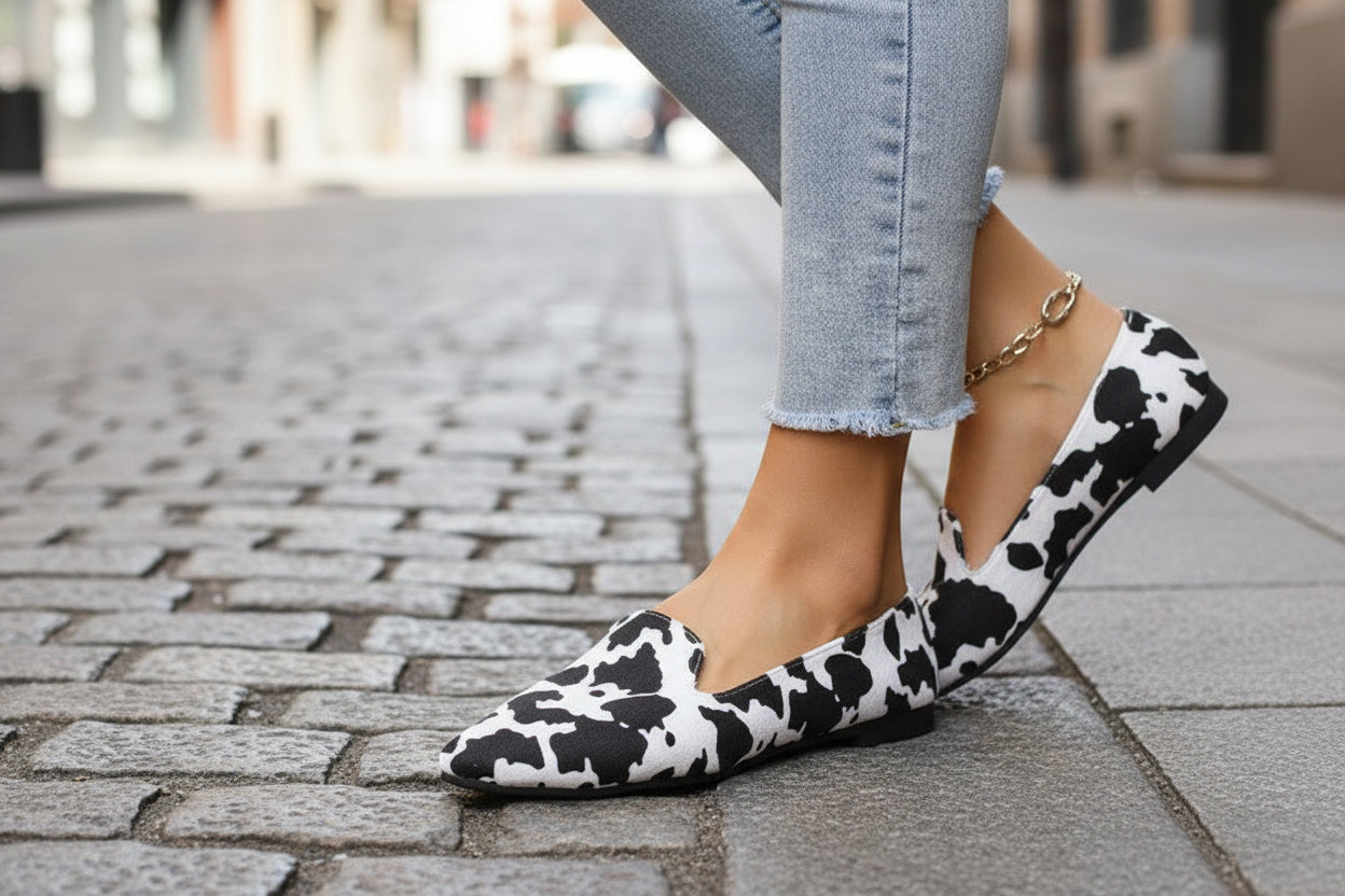Women's Wide-Fit Breathable Pointed-Toe Flat Shoes – Cow Print Casual Flats