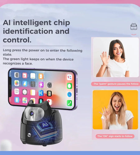 360° Rotation Automatic Face Tracking Gimbal Mobile Phone Holder APP-Free AI Face Recognition Phone Tripod for Live Vlog Video