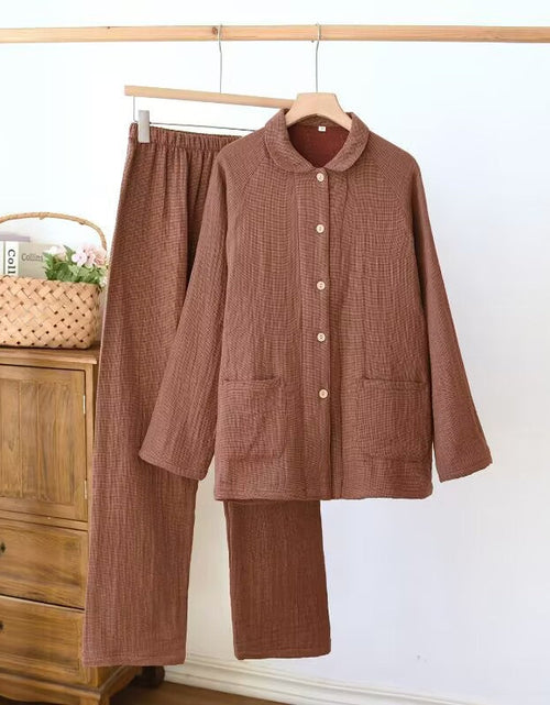 Load image into Gallery viewer, Women's sleepwear made of pure cotton with four layers of gauze, suitable for couples in spring, autumn, and winter. Men's casual plus size set
