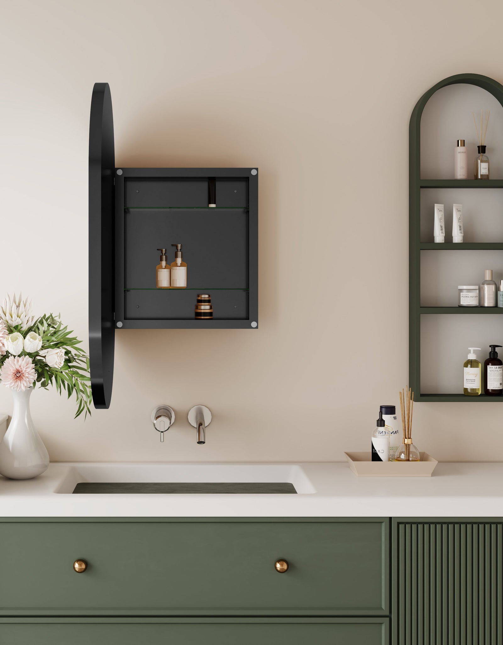 20x34 inch oval embedded medicine cabinet, metal frame bathroom cabinet with mirror and adjustable shelf matte black
