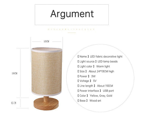 Load image into Gallery viewer, Linen Table Lamp LED Linen Night Lamp w/Warm White Light Linen Nightstand Lamp USB Powered Wooden Beside Lamp
