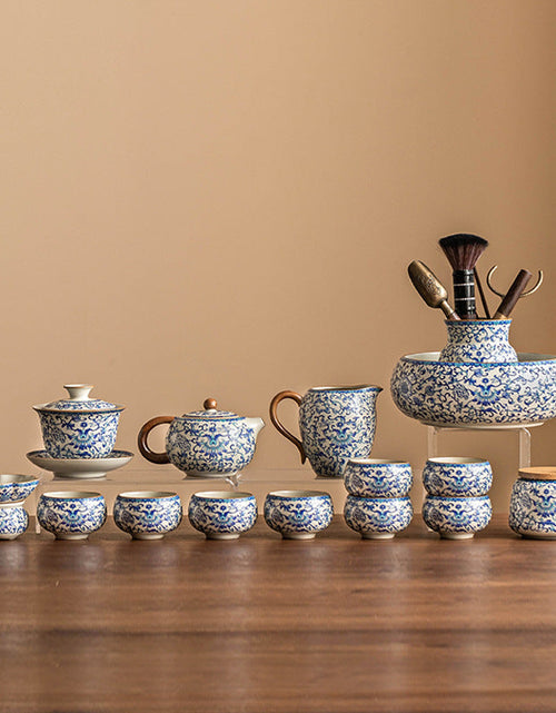 Load image into Gallery viewer, Kung Fu tea set blue and white lotus tea pot fair cup tea can ceramic lid bowl
