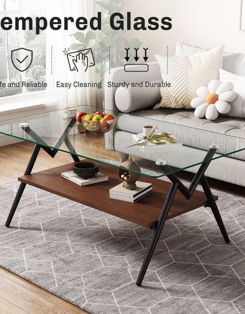 Load image into Gallery viewer, Rectangle Coffee Table with Tempered Glass top and Black Metal Legs, Modern Table for Living Room , Transparent Glass
