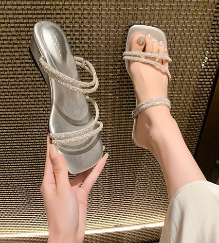 Women's Rhinestone Double-Strap Wedge Sandals – Open-Toe Glam Evening Heels