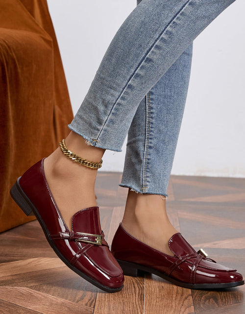 Load image into Gallery viewer, Women’s Patent Leather Square Toe Loafers | Low Heel Slip-On Flats
