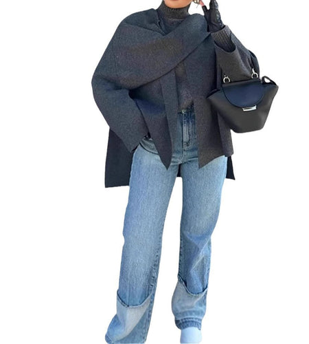 Asymmetric shawl scarf knitted sweater gray long sleeved cardigan