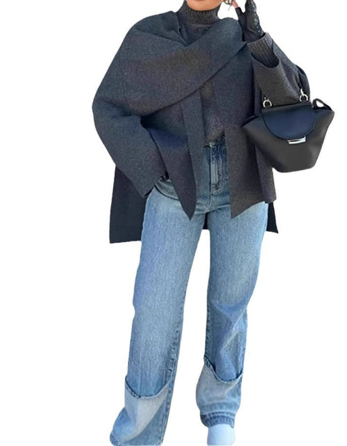 Load image into Gallery viewer, Asymmetric shawl scarf knitted sweater gray long sleeved cardigan
