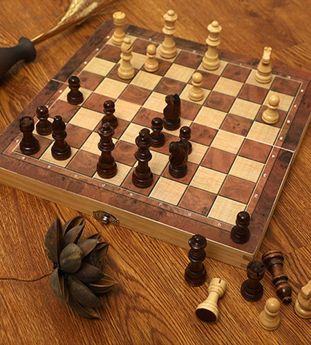 3 In 1 Portable Wooden Foldable Chess Board Set & Checkers & Backgammon Set With Chess Pieces And Carrying Case