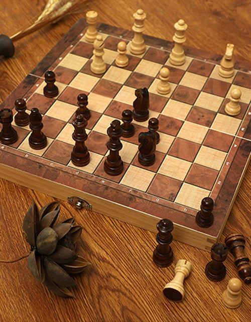Load image into Gallery viewer, 3 In 1 Portable Wooden Foldable Chess Board Set &amp; Checkers &amp; Backgammon Set With Chess Pieces And Carrying Case

