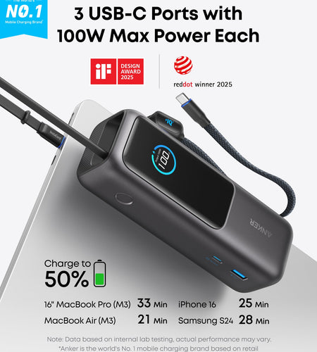 Anker Laptop Power Bank (25K, 165W, Built-In and Retractable Cables)