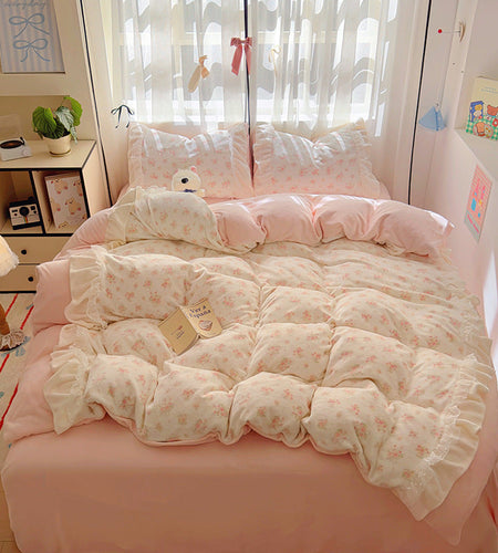 Princess style milk velvet bed four piece set, winter thick double-sided velvet duvet cover with velvet bed sheet bedding