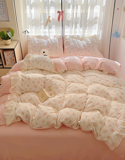 Load image into Gallery viewer, Princess style milk velvet bed four piece set, winter thick double-sided velvet duvet cover with velvet bed sheet bedding
