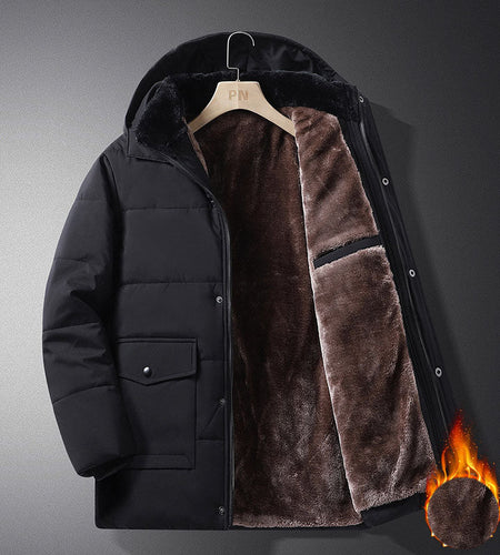 Coat men's winter new style with added velvet and thickened warm cotton clothing, business and leisure mid length hooded plus size men's cotton clothing