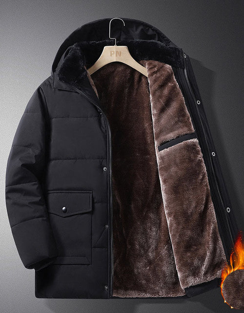 Load image into Gallery viewer, Coat men's winter new style with added velvet and thickened warm cotton clothing, business and leisure mid length hooded plus size men's cotton clothing
