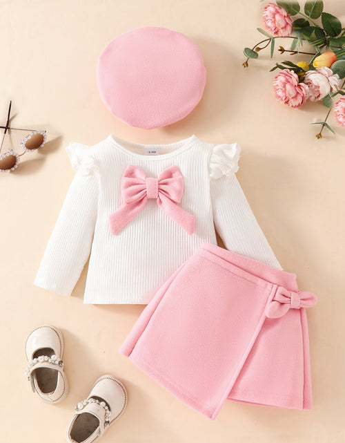 Load image into Gallery viewer, Fashion Step Girl Big Bow Beret Long Sleeve Top with Velvet Half Skirt Autumn/Winter 3-Piece Set

