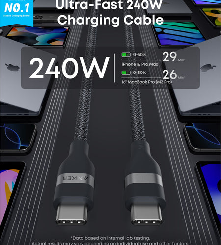 Anker USB-C to USB-C Cable (3 ft / 6 ft, 240W, Upcycled-Braided)