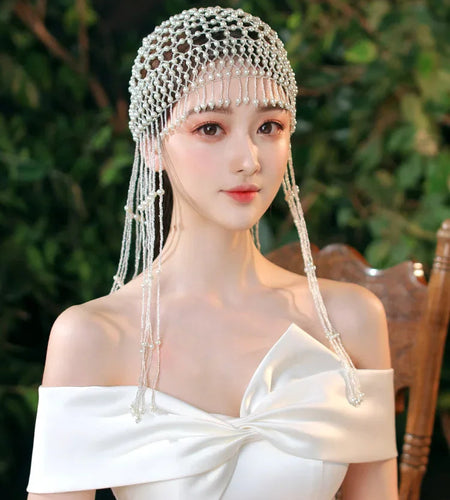 Handmade hollowed out headpiece performance pearl tassel hat