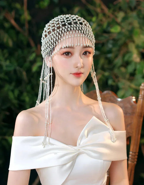 Load image into Gallery viewer, Handmade hollowed out headpiece performance pearl tassel hat
